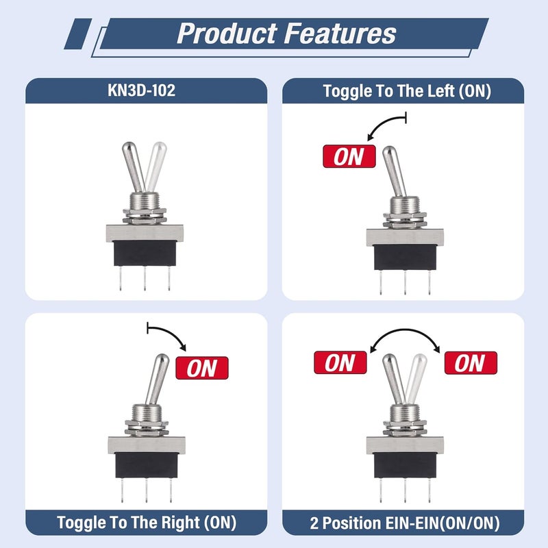 VEXUNGA KN3D-102 Toggle Switch 12V 25A ON-ON 3 Pin 2 Position SPDT Switches with Waterproof Cap for Auto Car (Pack of 2pcs) - Image 4